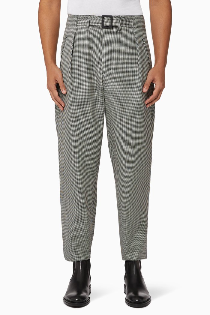 

Belted Houndstooth Virgin Wool Pants, Black