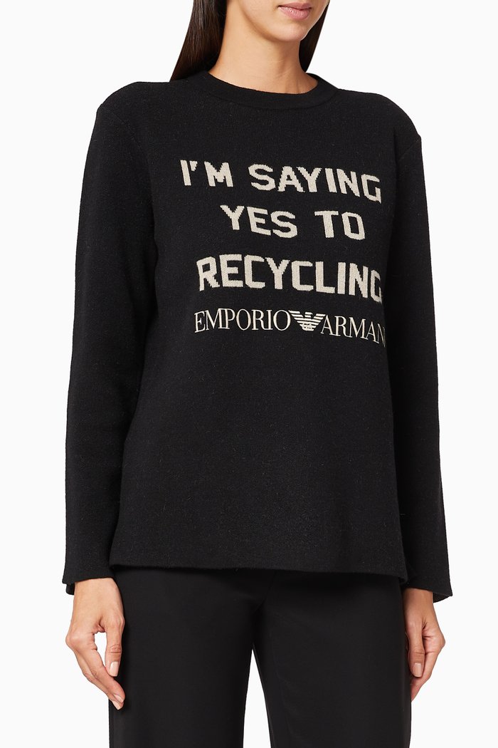

Sustainable Jacquard Quote Wool Sweater, Black