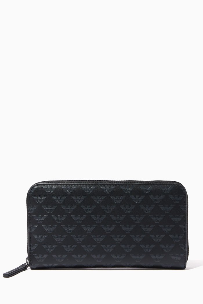

Eagle Logo Zip-Around Leather Wallet, Black