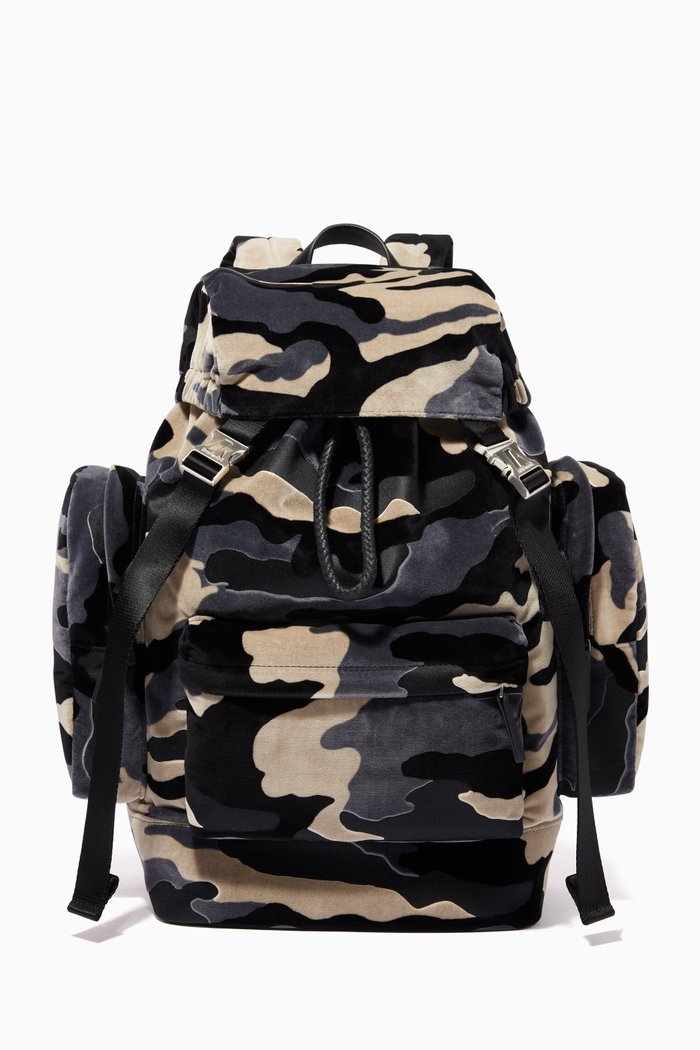 

Buckle-Front Camo Velvet Backpack, Blue