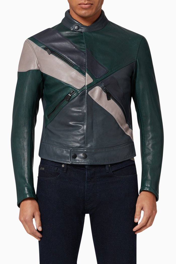 

Colour Blocked Leather Biker Jacket, Green