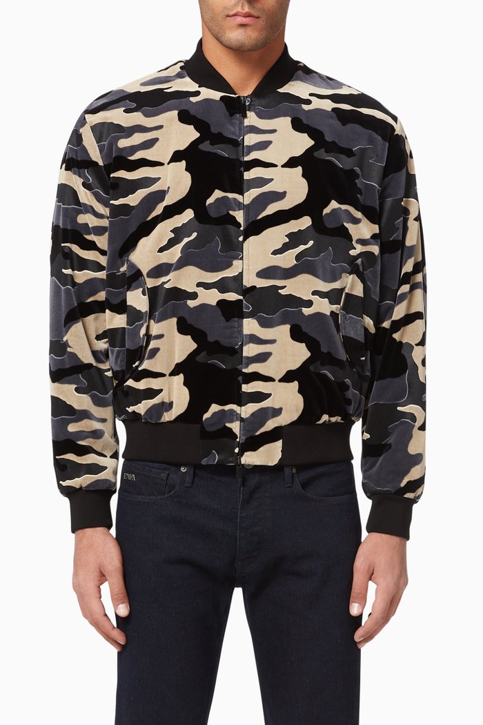 

Camo Velveteen Padded Bomber Jacket, Blue