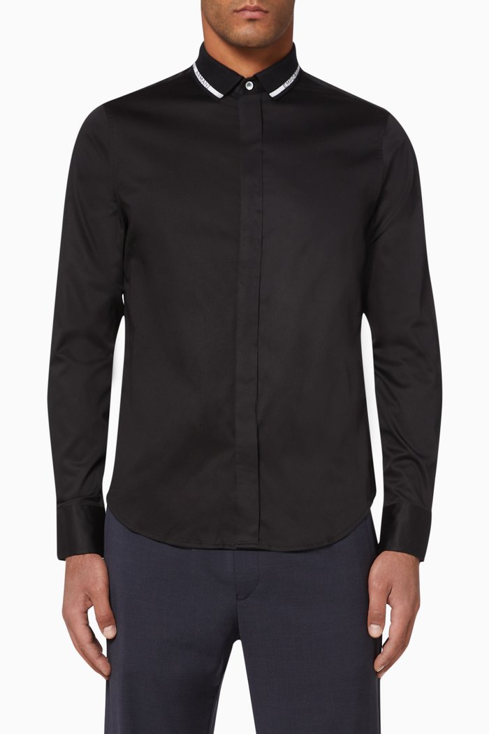 

EA Text Knit Collar Cotton Shirt, Black