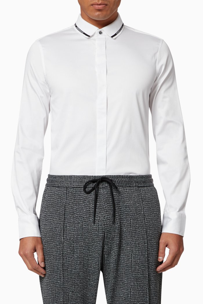 

EA Text Knit Collar Cotton Shirt, White