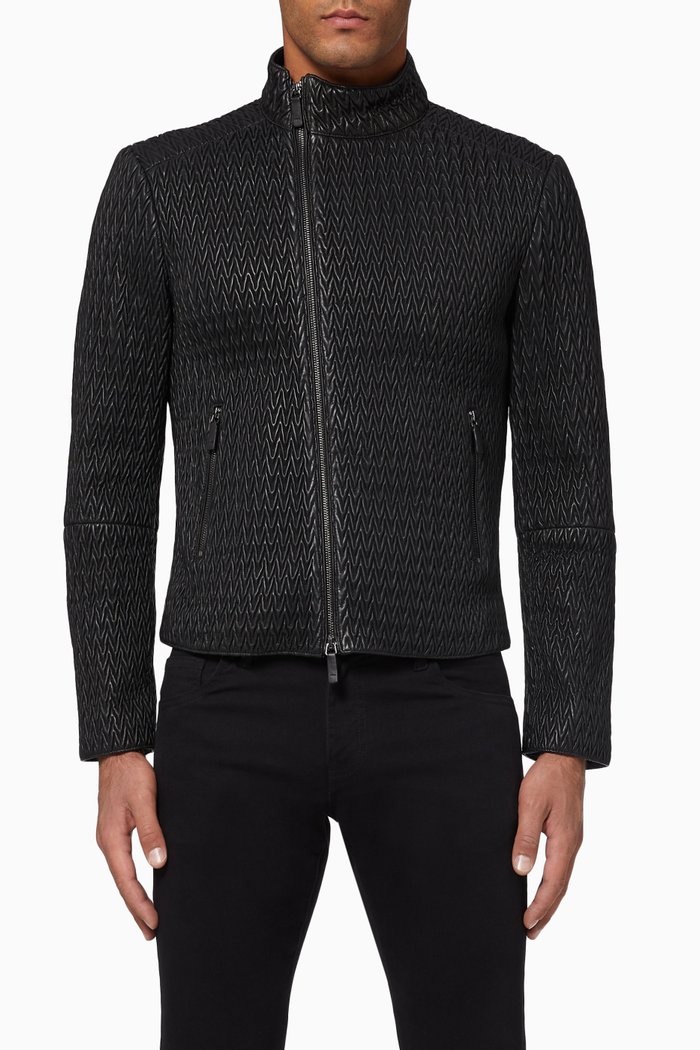 

Matelassé Leather Biker Jacket, Black