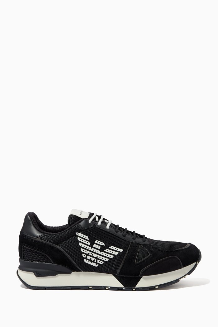 

EA Eagle Striped Sneakers in Cordura & Leather, Black