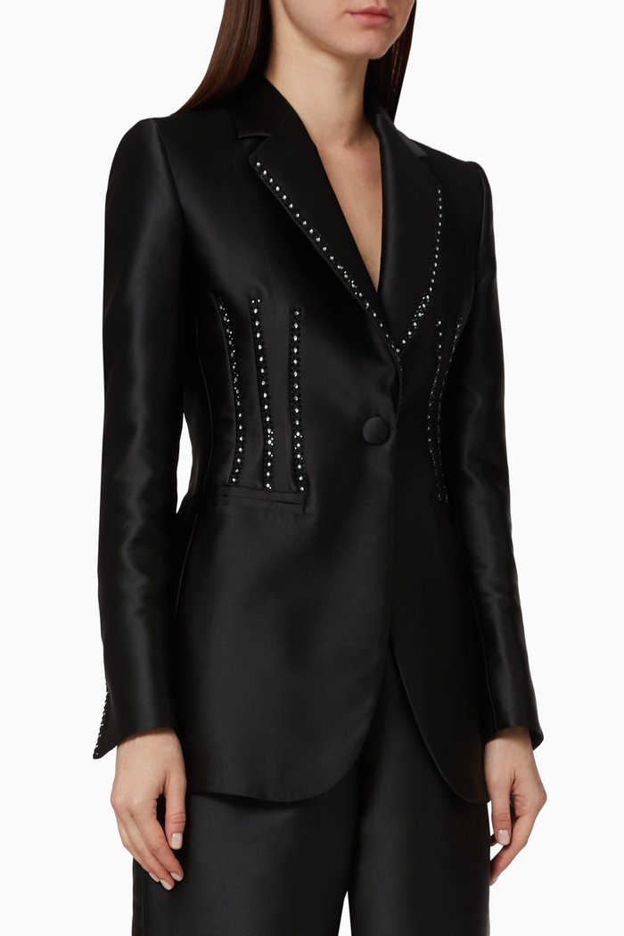 

Crystal Embellished Silk-Blend Blazer Jacket, Black