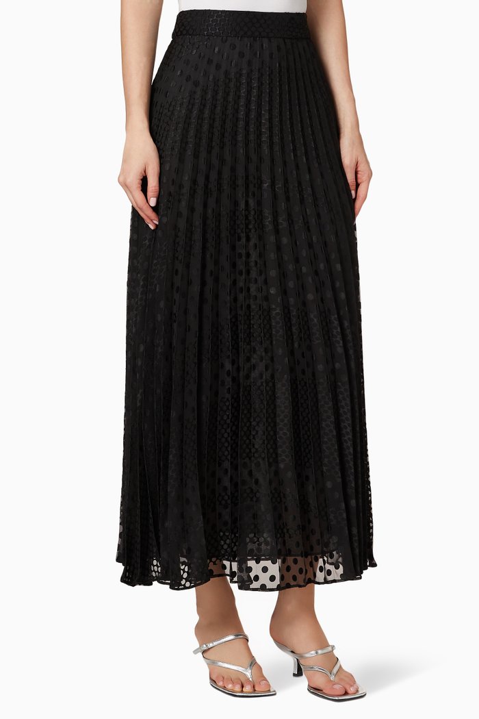 Pleated Polka Dot Devoré Skirt, Black