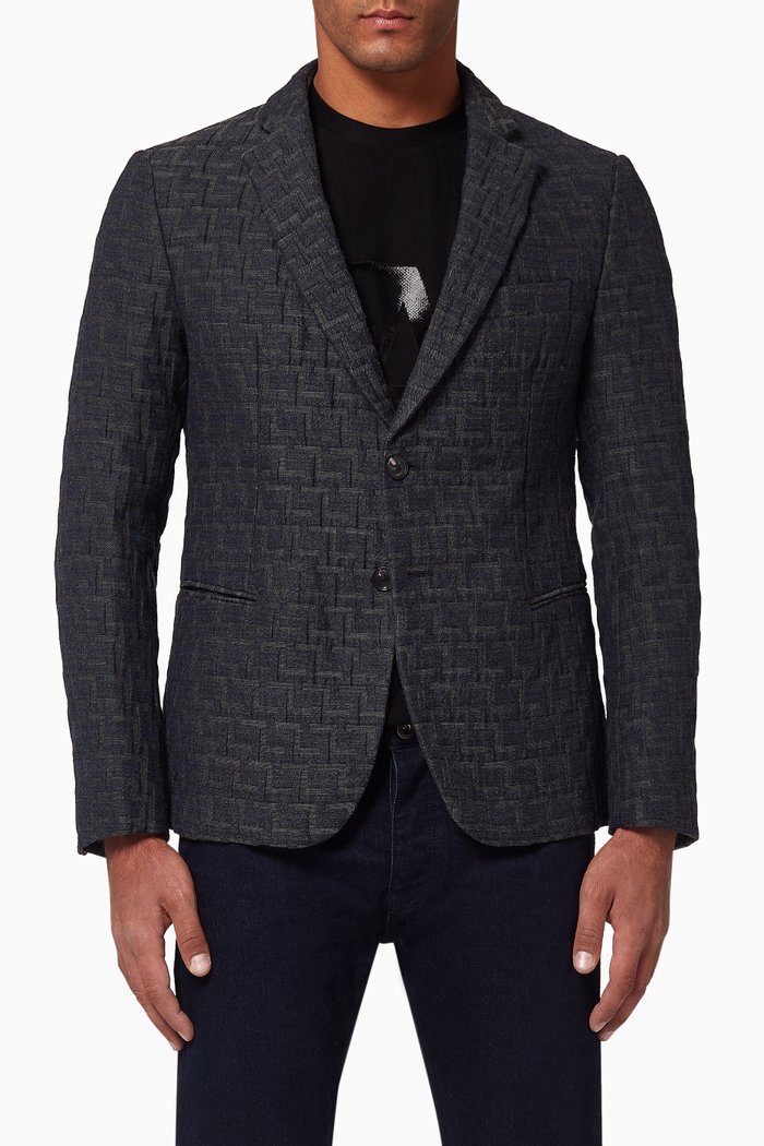 

Wool-Blend Jacquard Blazer Jacket, Blue