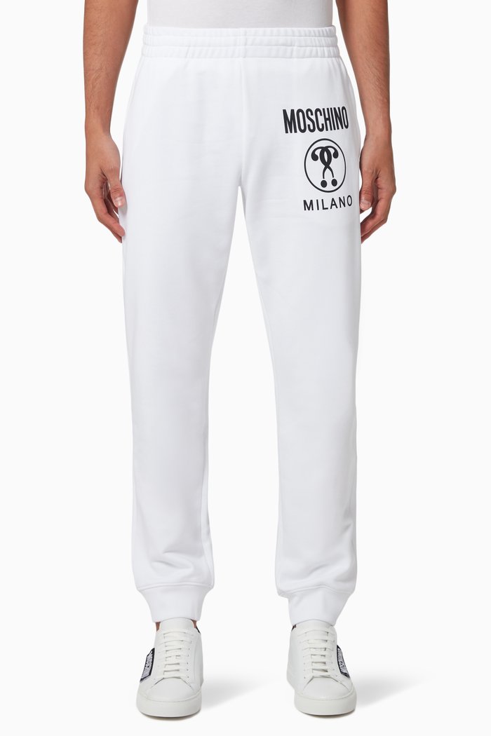 Joggers with Double Question Mark in Cotton Fleece, White
