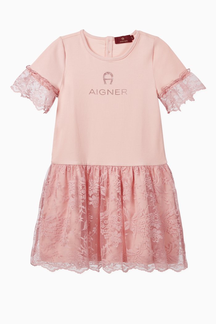 

Logo Print Jersey & Lace Dress, Pink