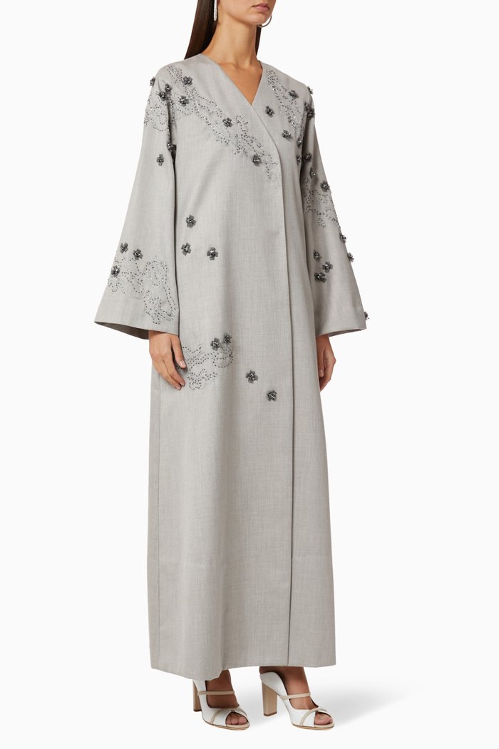 

3D Floral Embellished Abaya, Grey