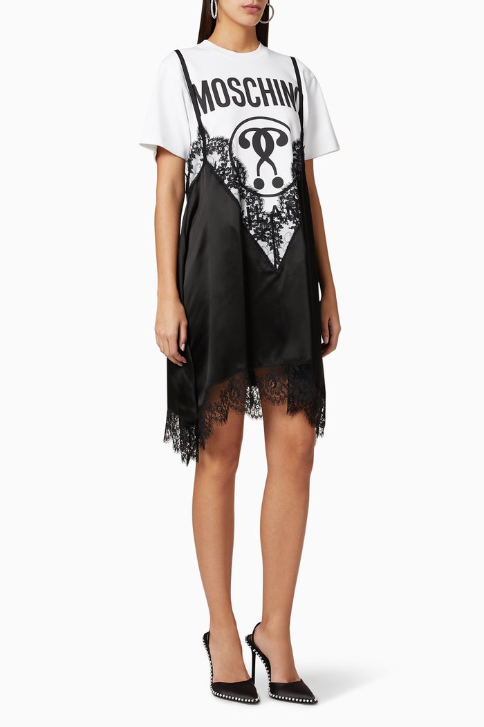 

Double Question Mark Logo Jersey-Satin Lace Dress, White