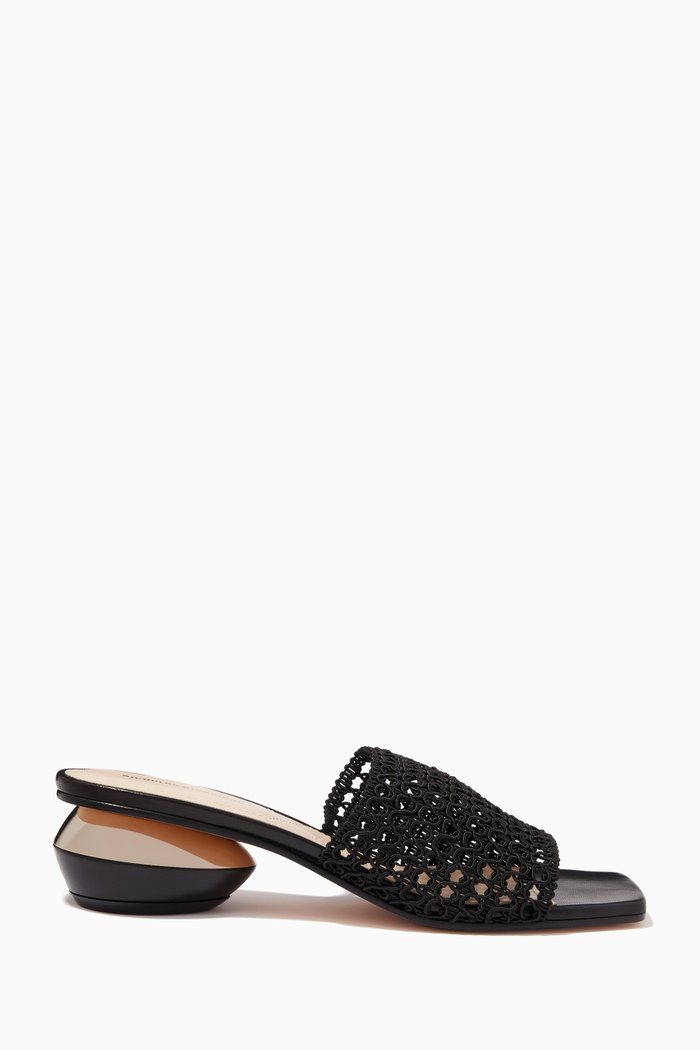 

Alba Macramé Slides 45 in Leather, Black