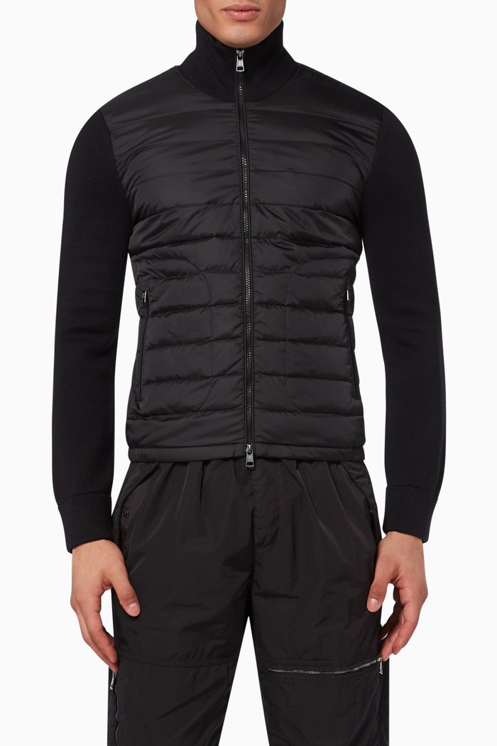 

Bi-Material Funnel Neck Down Cardigan, Black