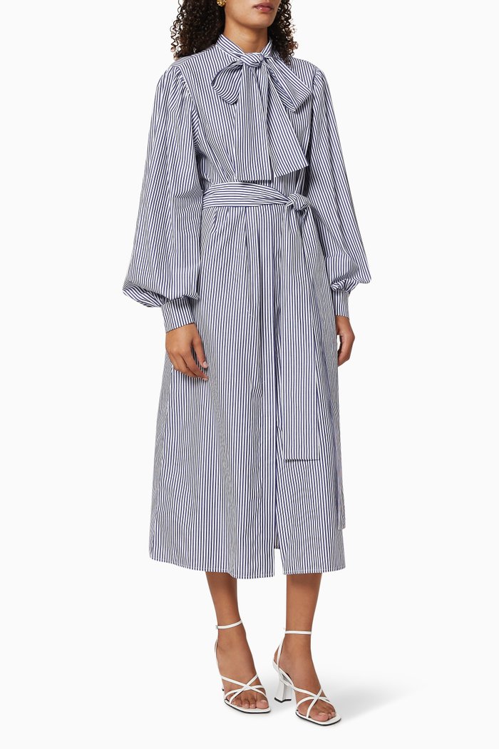 Striped Pussybow Cotton Dress, Blue