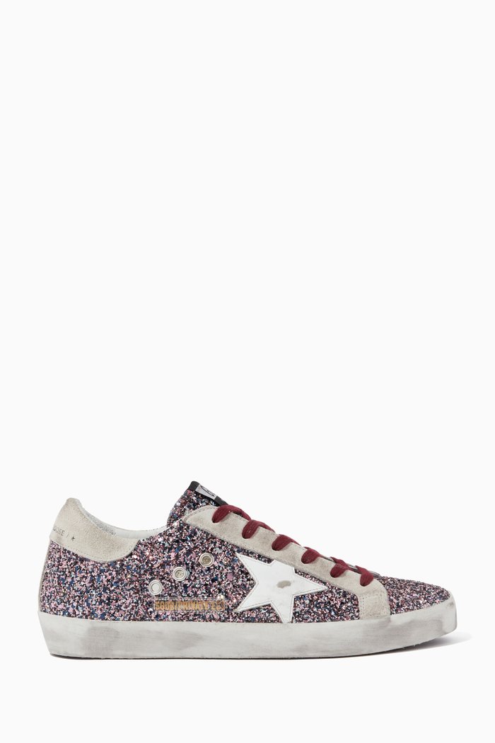 

Super-Star Sneakers with Leather Star in Coarse Glitter, Blue