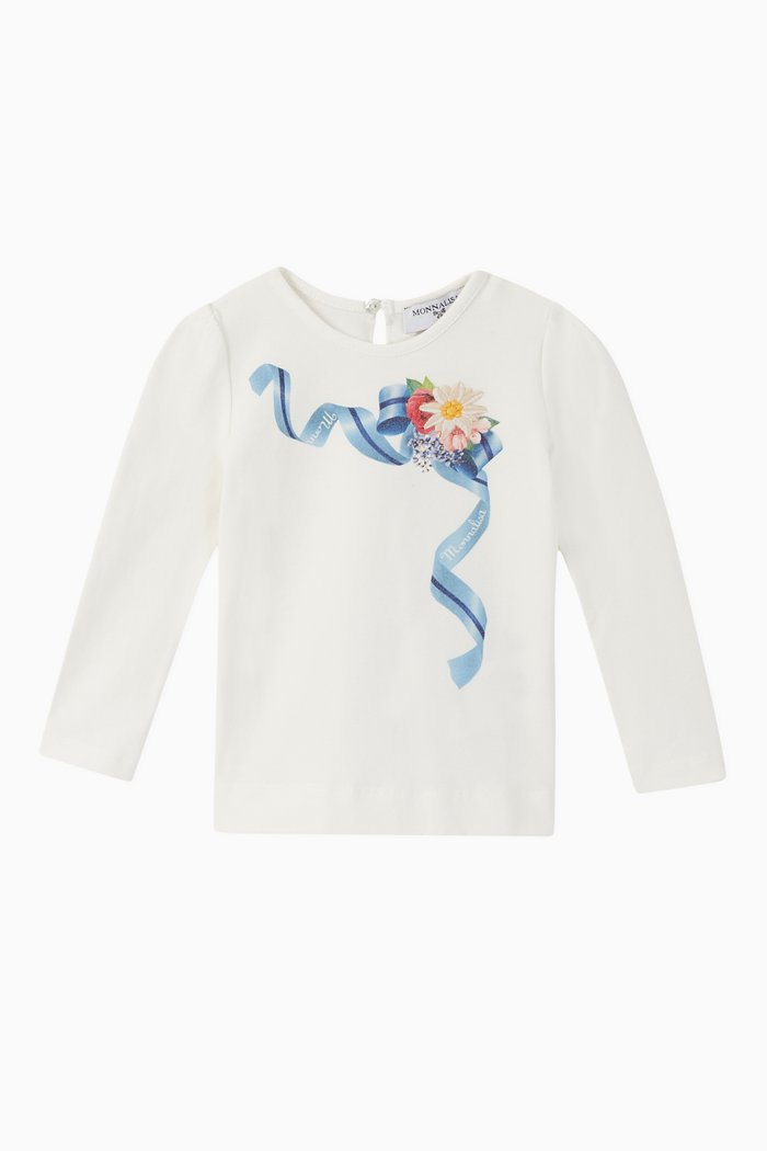 

Floral Ribbon Print Cotton T-Shirt, Neutral