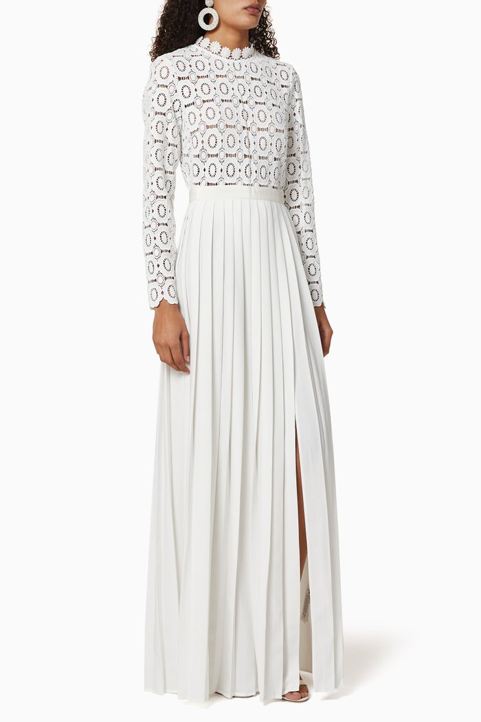 

Pleated Crochet Floral Maxi Dress, Neutral