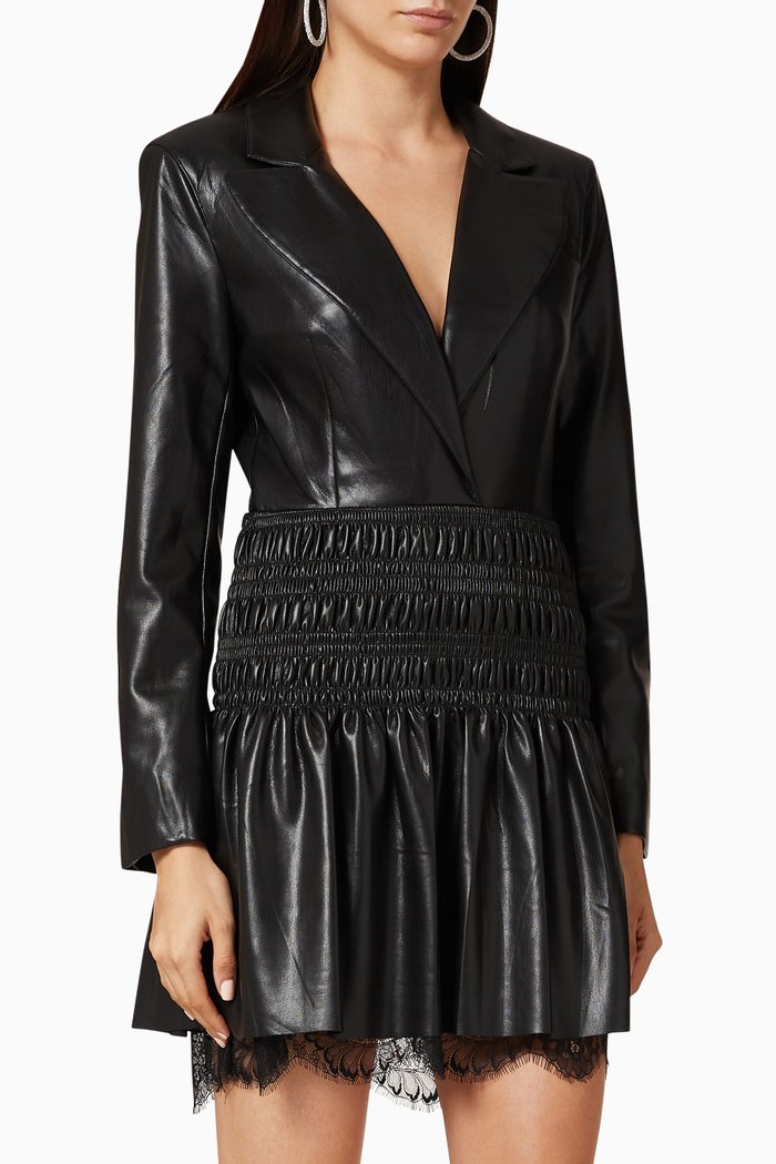 

Faux Leather Shirred Mini Dress, Black