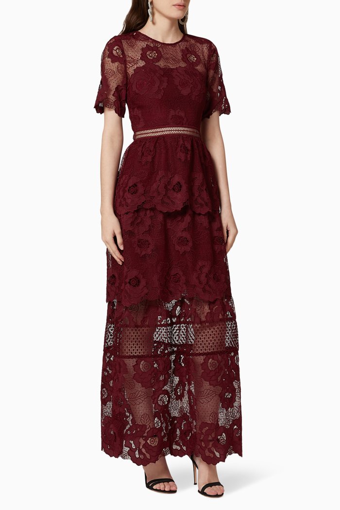 

Berry Lace Guipure Tiered Maxi Dress, Red