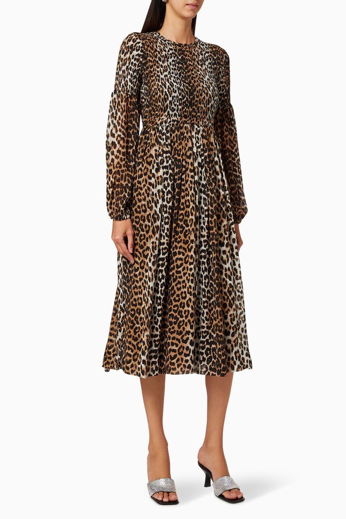 

Printed Georgette Smocked Dress, Brown