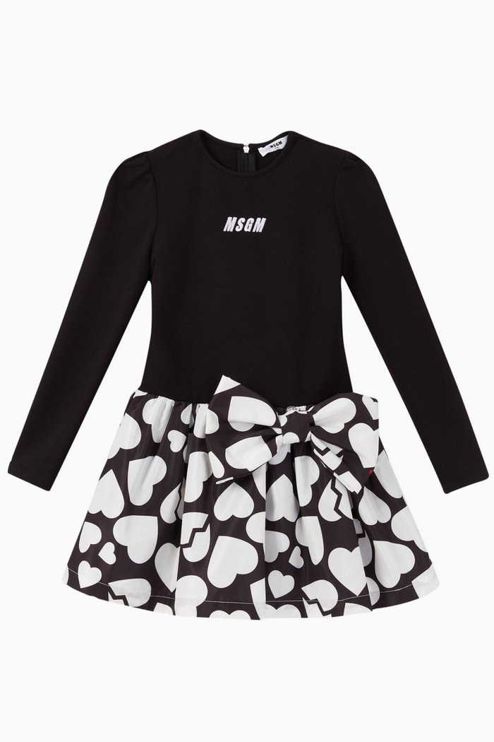 Heart Printed Bow Dress, Black