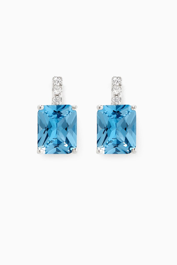 Emerald Shaped Drop Earrings in Rhodium-plated brass, Blue