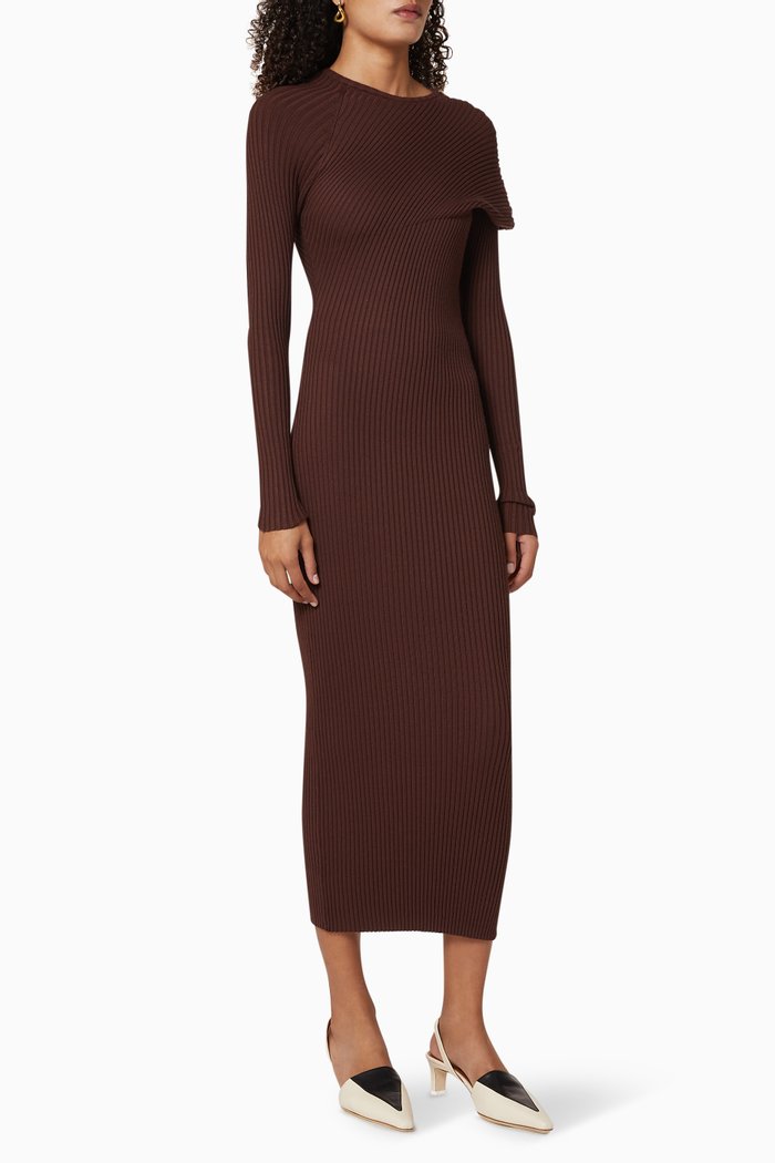 

Fold Ribbed Knit Dress, Brown