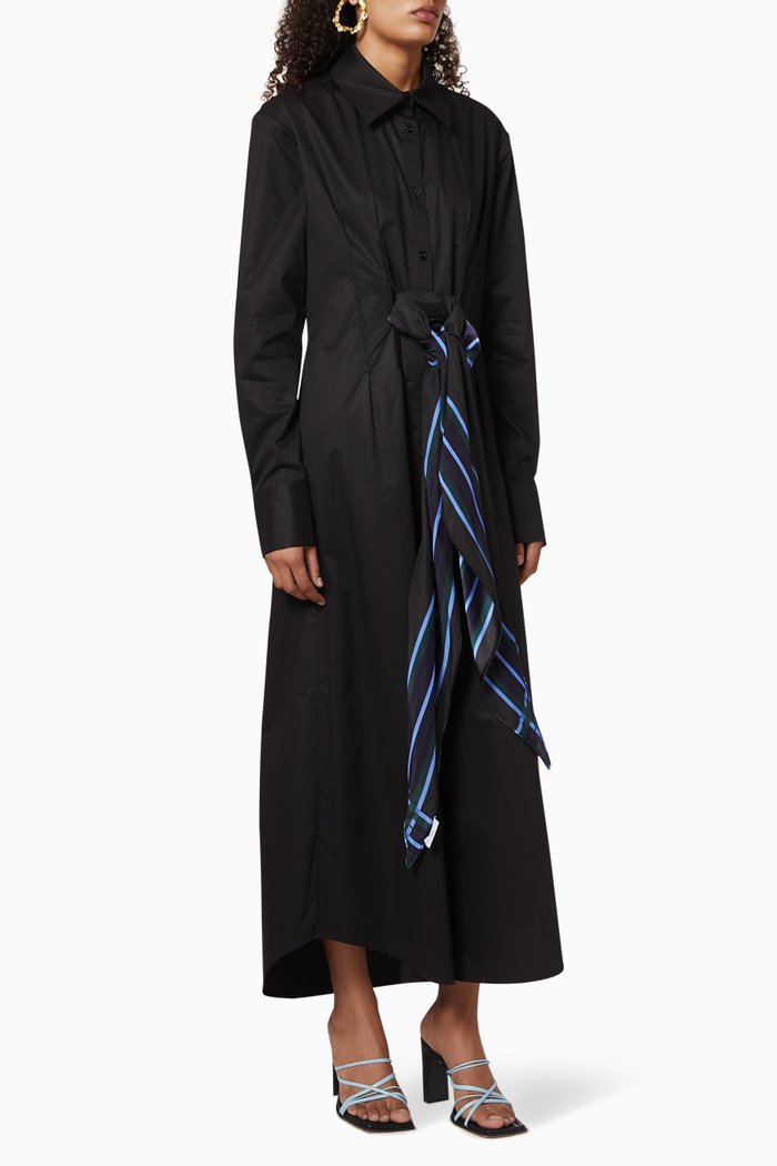 

Scarf-Belted Cotton Shirt Dress, Black