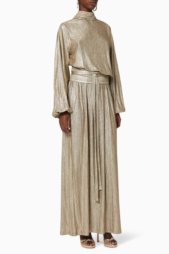 

Draped Foil Print Jersey Dress, Gold