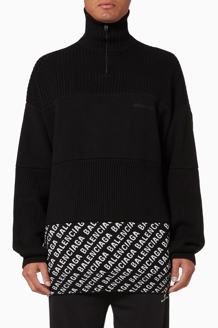 

Zip-up Sweater in Ribbed Knit, Fleece & Jacquard Patchwork, Black
