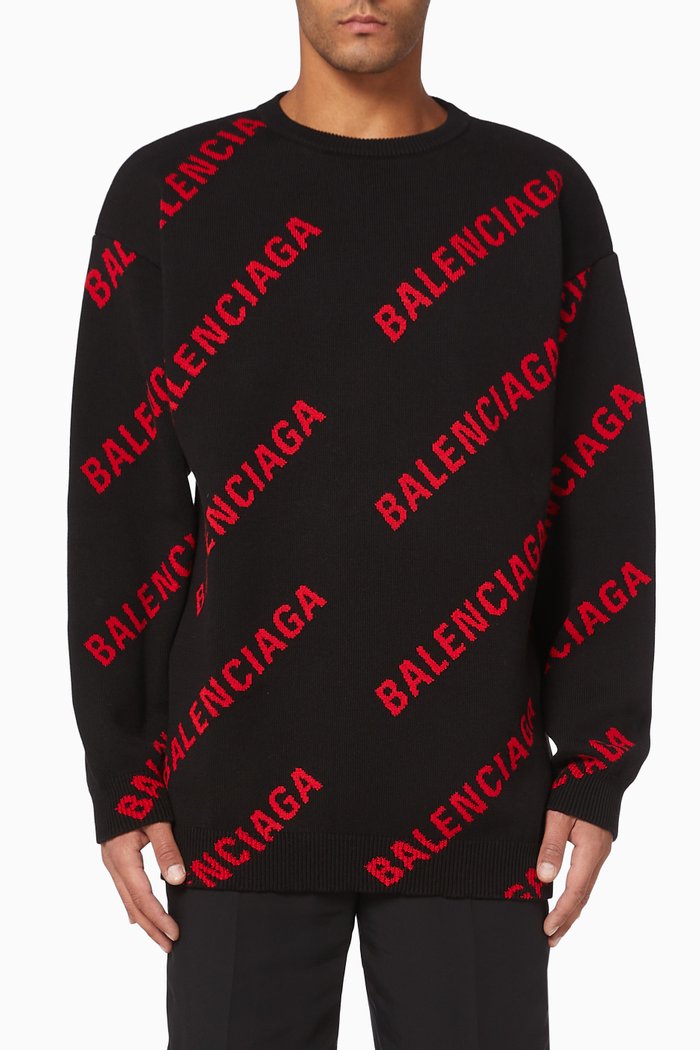 

Allover Logo Crewneck Sweater in Cotton Knit, Black