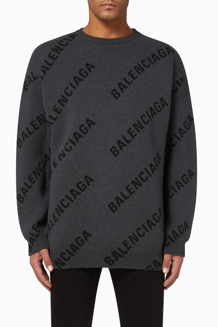 

Allover Logo Crewneck Sweater in Cotton Knit, Grey