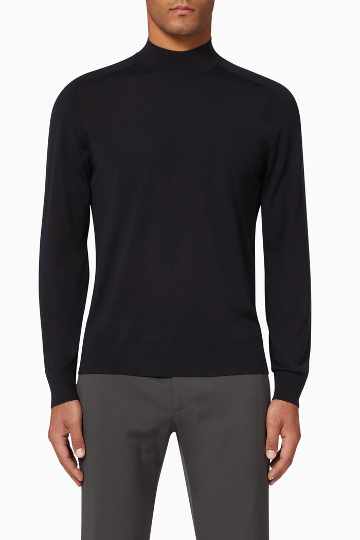 High Neck Regal Wool Sweater, Blue