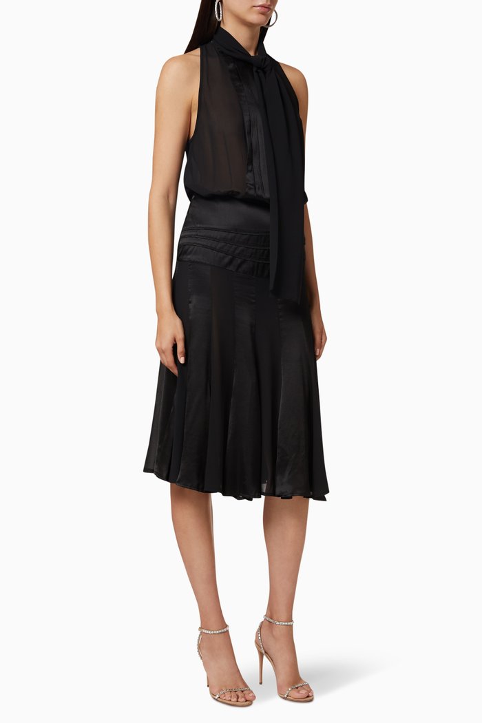 

Pleated Chiffon-Satin Dress, Black