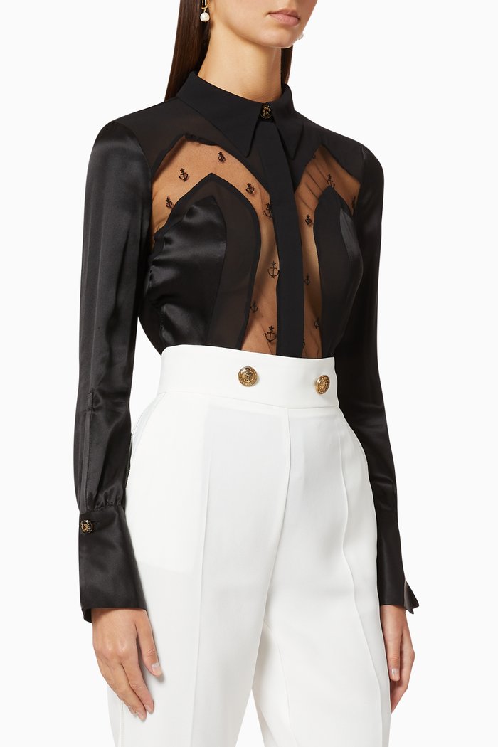 

Anchor Embroidered Satin Blouse, Black