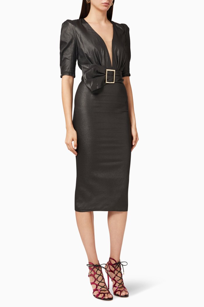 

Laminated Crêpe Midi Dress, Black