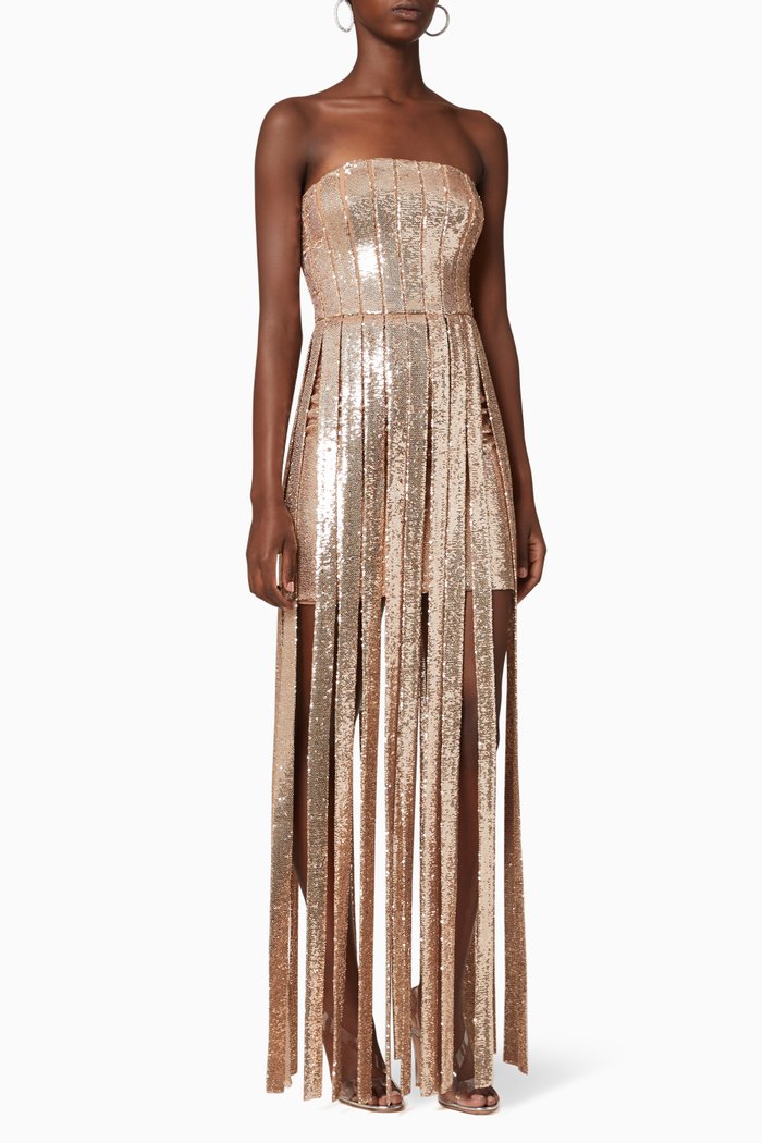 Sequin Fringe Strapless Dress, Gold