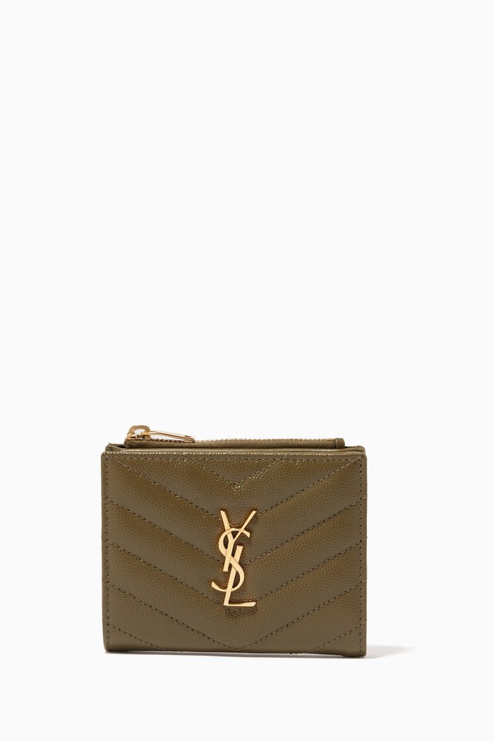 

Monogram Zipped Card Case in Grainy Embossed Leather, Green