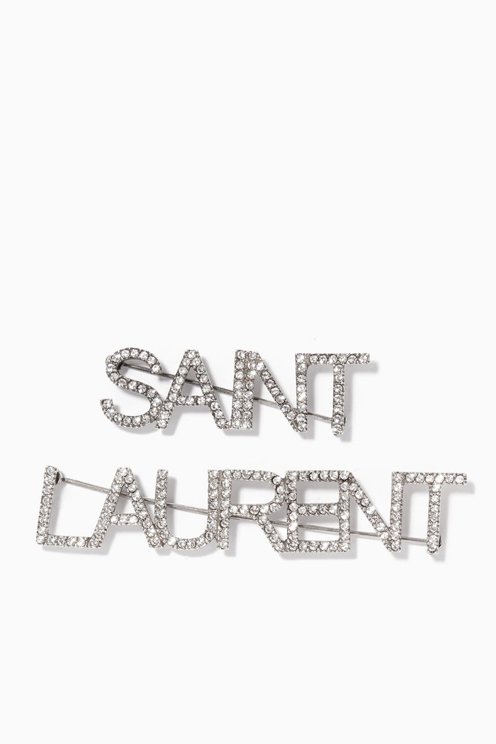 

Saint Laurent Brooches in Brass & Crystal, Set of 2, Silver
