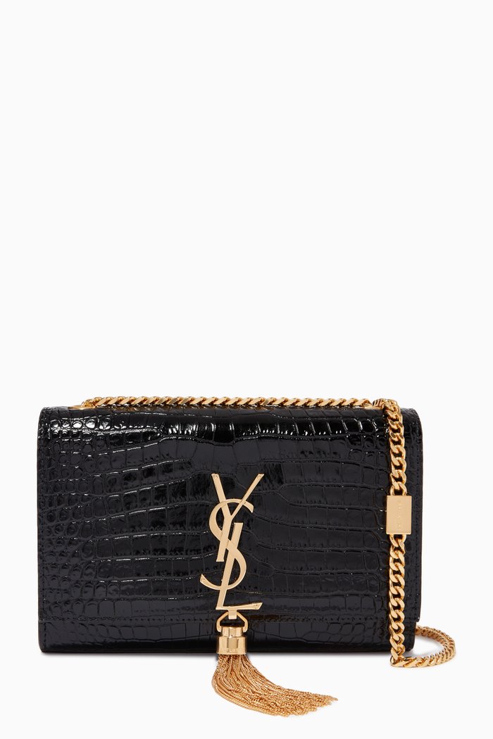 

Small Kate Tassel in Embossed Crocodile Shiny Leather, Black