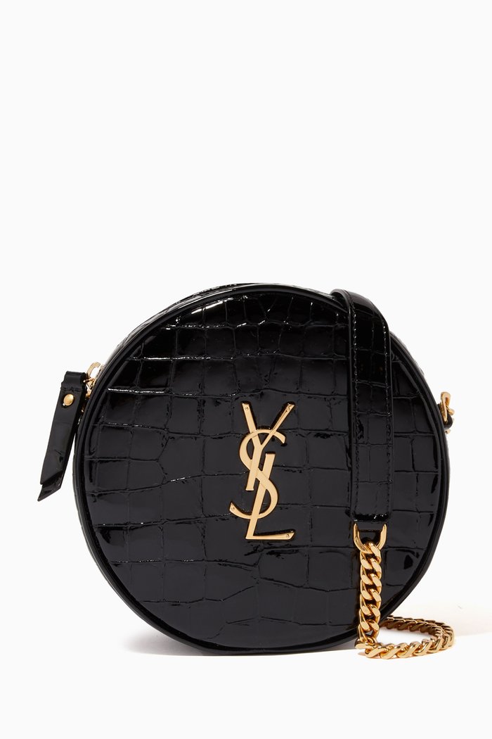 

Vinyle Round Camera Bag in Croc-Embossed Patent Leather, Black