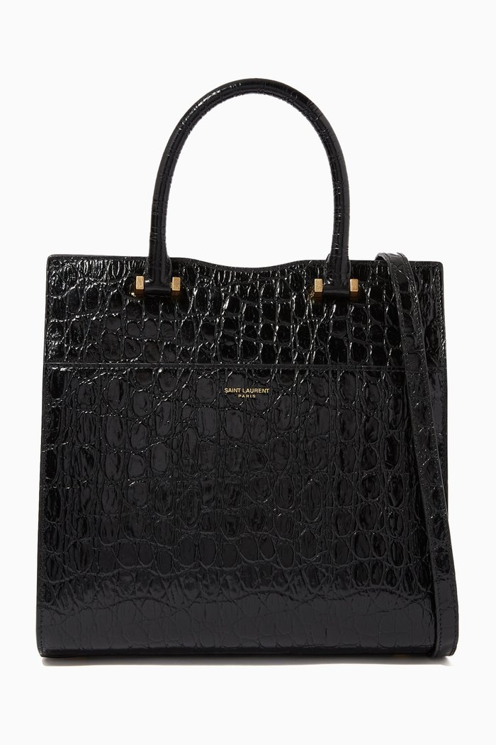 

Small Uptown Tote in Croc-Embossed Leather, Black