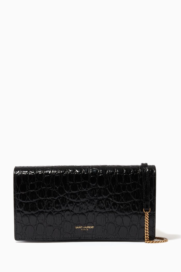 

Paris Chain Wallet in Shiny Croc-Embossed Leather, Black
