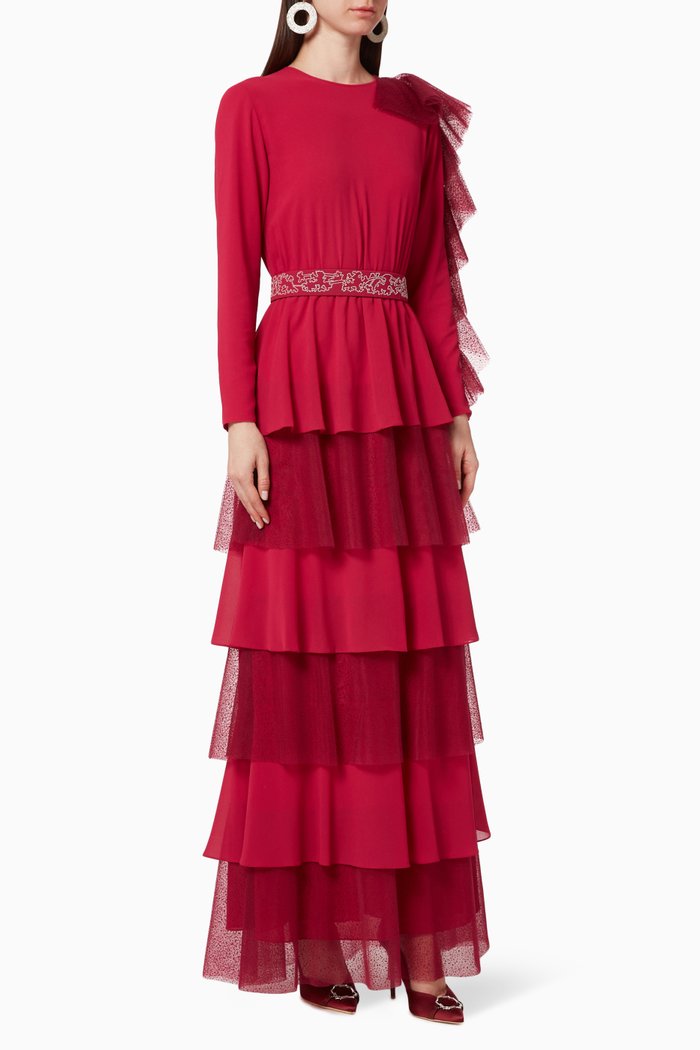 

Ruffle Embroidered Chiffon Dress, Pink