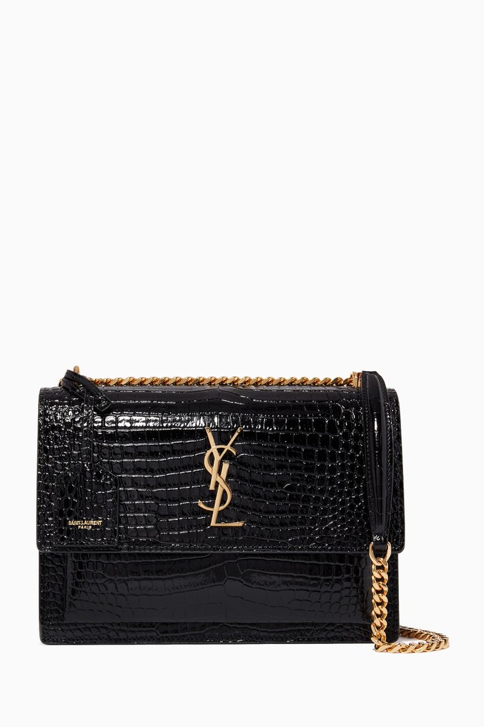 Medium Sunset Bag in Crocodile-Embossed Shiny Leather, Black