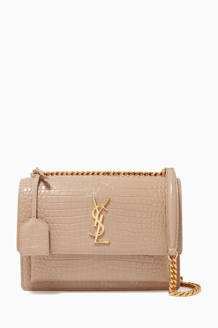 

Medium Sunset Bag in Crocodile-Embossed Shiny Leather, Neutral
