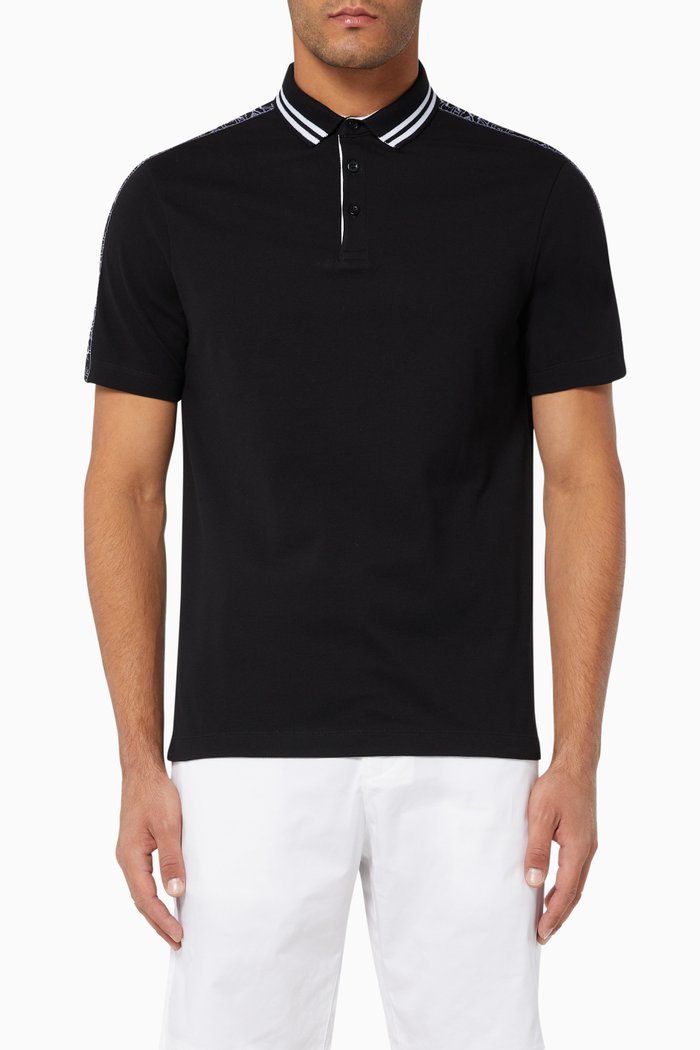 

Logo Tape Stretch Cotton Polo, Black