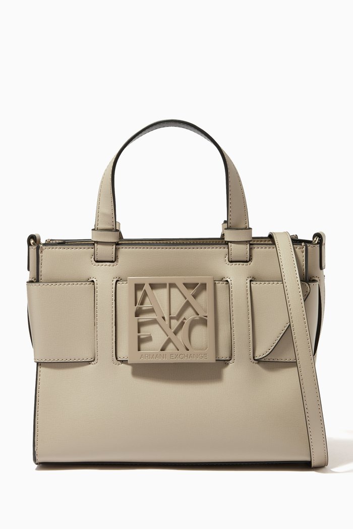 

Logo Plaque Hand Bag in Faux Leather, Grey